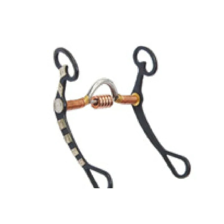 黑色表演嚼子，不銹鋼咬口，帶銅線纏繞和滾輪，側面帶鍍金飾邊